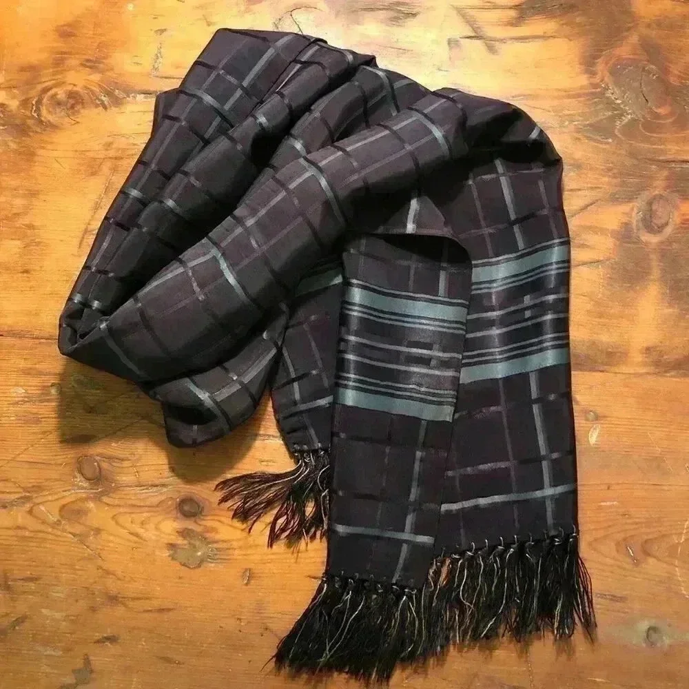 Vintage Navy Plaid Silky Tailored Scarf